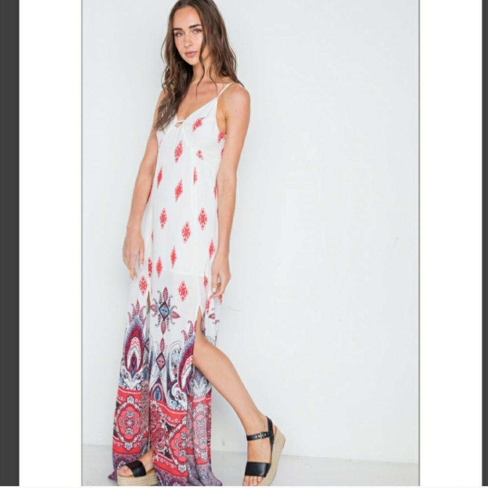 Berry Red Paisley Print Cami M-Slit Maxi Dress NWT